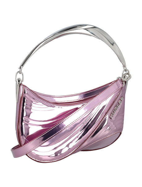MUGLER Metallic Pink Mini Curve Shoulder Bag with Silver Handle, 18x23x9 cm