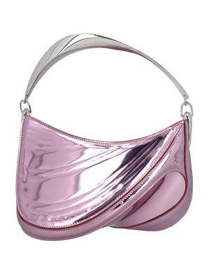 MUGLER Metallic Pink Mini Curve Shoulder Bag with Silver Handle, 18x23x9 cm