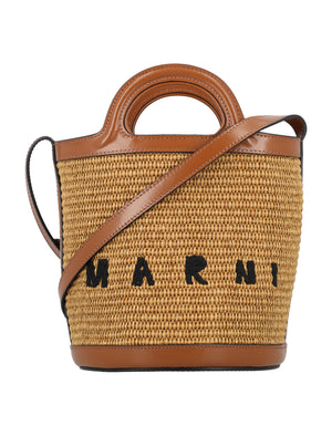 MARNI Tropicalia Small Raffia Bucket Handbag with Leather Accents