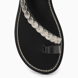 绣花皮凉鞋 - 低跟黑款女式鞋，带扣脚踝束缚和露趾设计