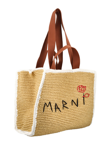 Marni Sillo Medium Raffia-Effect Macramé Shopper Bag with Floral Detail - Natural/White/Rust