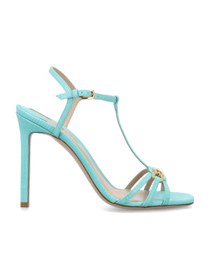 TOM FORD Acqua Sky Stamped Lizard Leather Whitney Sandal for Women | Square Toe Stiletto Heel with Buckle Fastening Ankle Strap and Metal Whitney T Shaped Signature in US English for SS24