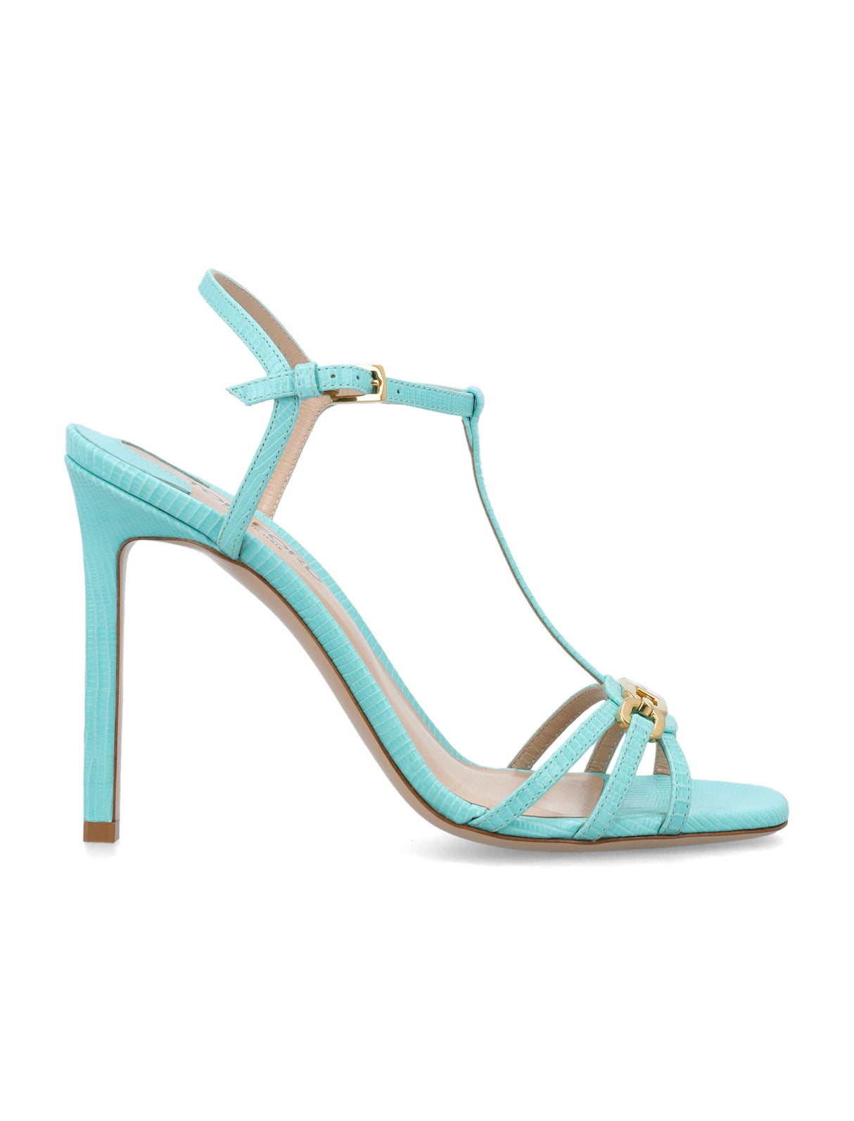 TOM FORD Acqua Sky Stamped Lizard Leather Whitney Sandal for Women | Square Toe Stiletto Heel with Buckle Fastening Ankle Strap and Metal Whitney T Shaped Signature in US English for SS24