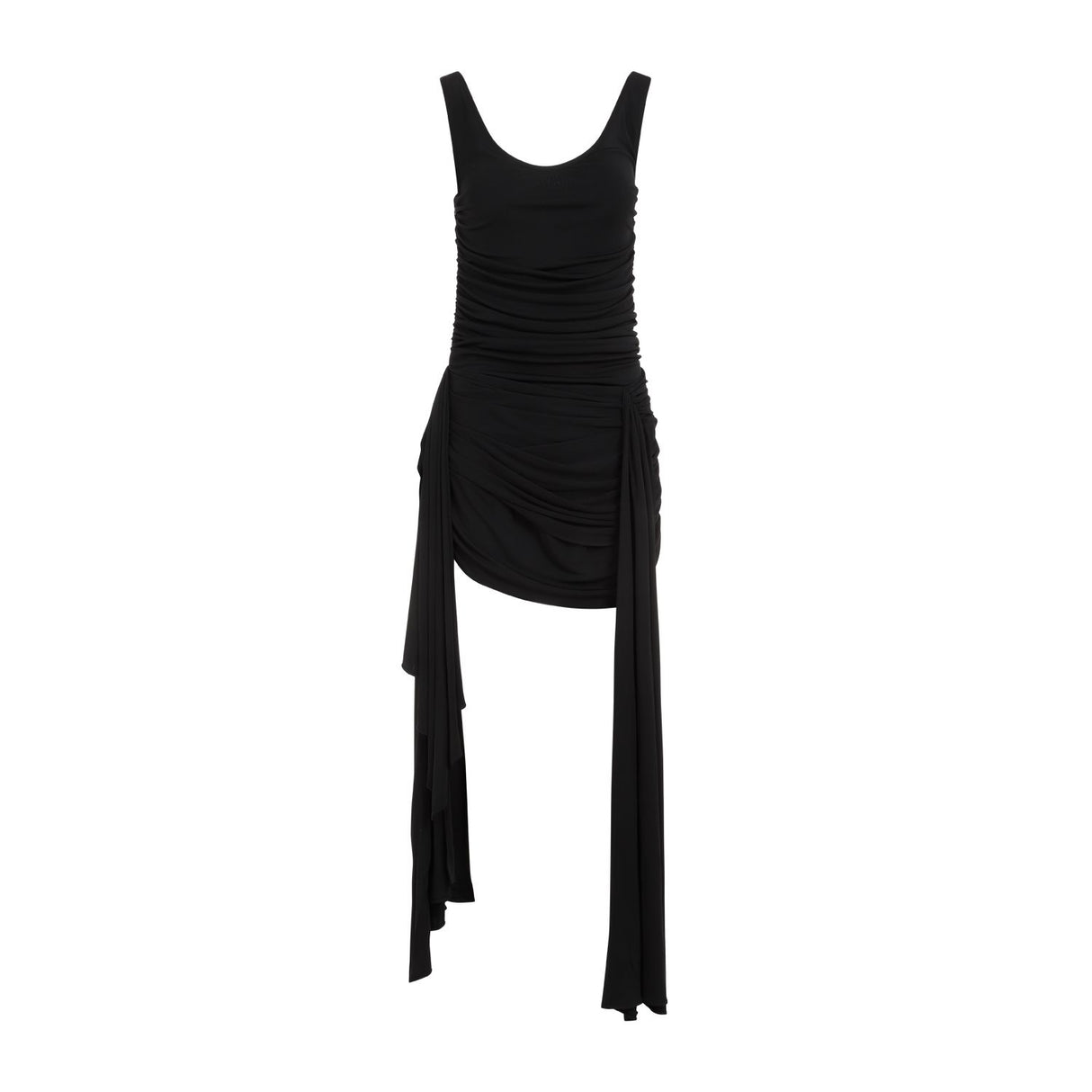 فستان أسود قصير بتصميم بسيط وذيل جانبي درامي