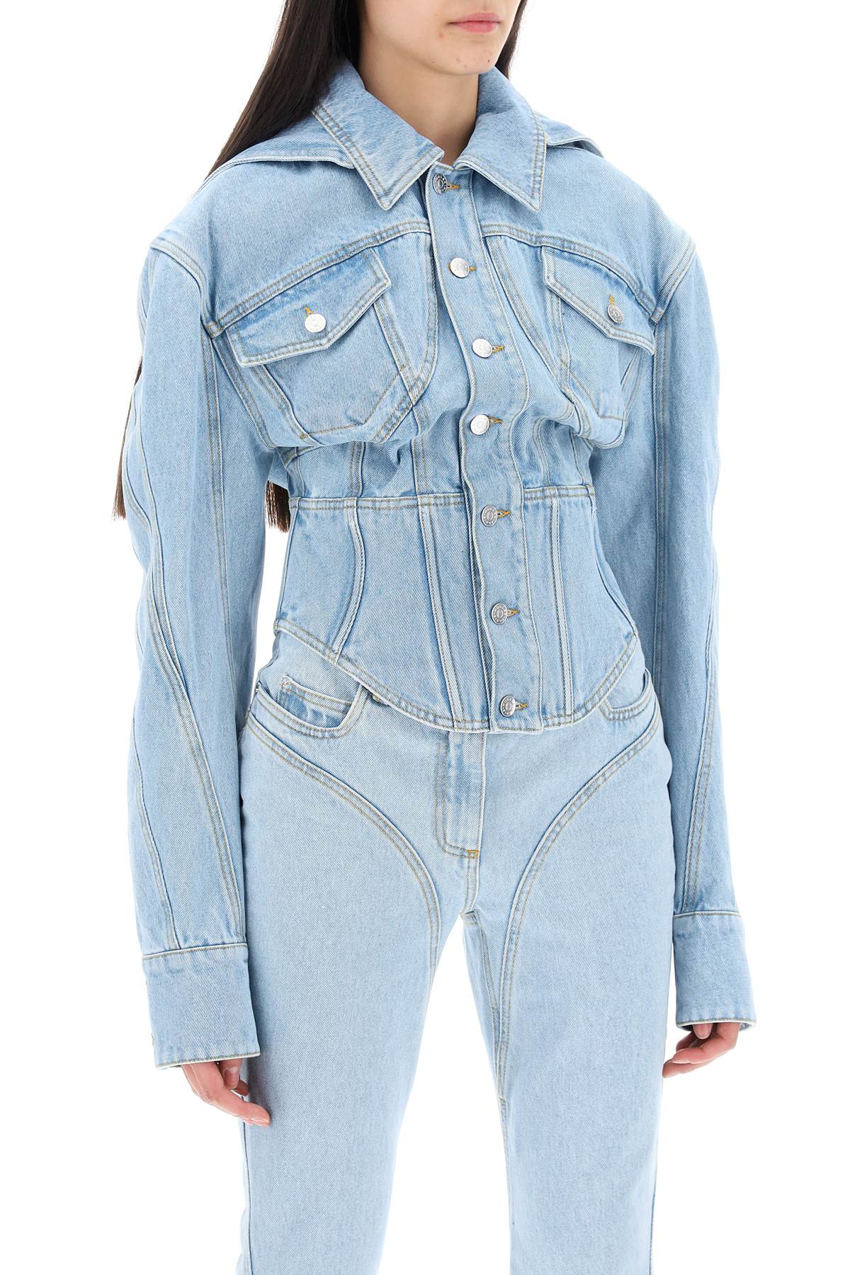 MUGLER Light Wash Denim Jacket with Corset Detail and Removable Hood