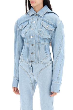 MUGLER Light Wash Denim Jacket with Corset Detail and Removable Hood