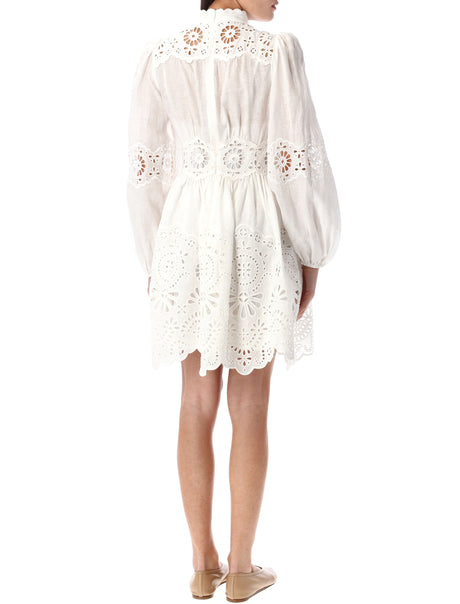 ZIMMERMANN Embroidered Mini Dress with Stand Collar and Scallop Hem