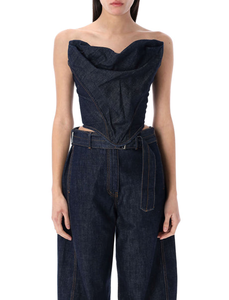 MAGDA BUTRYM Draped Strapless Denim Corset Top (Size 36)