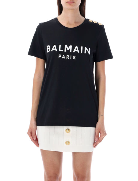 BALMAIN Long Fit Flocked T-Shirt with Decorative Buttons - Size S