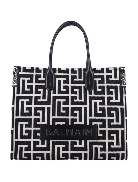 BALMAIN Monogram Jacquard and Leather 42 Tote Handbag