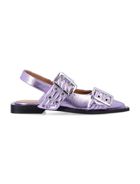 GANNI Metallic Feminine Buckle Ballerinas with Block Heel