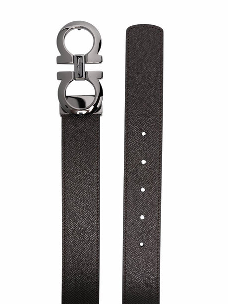 Ferragamo Hammered Leather Reversible Gancini Hook Belt - 3.5 cm