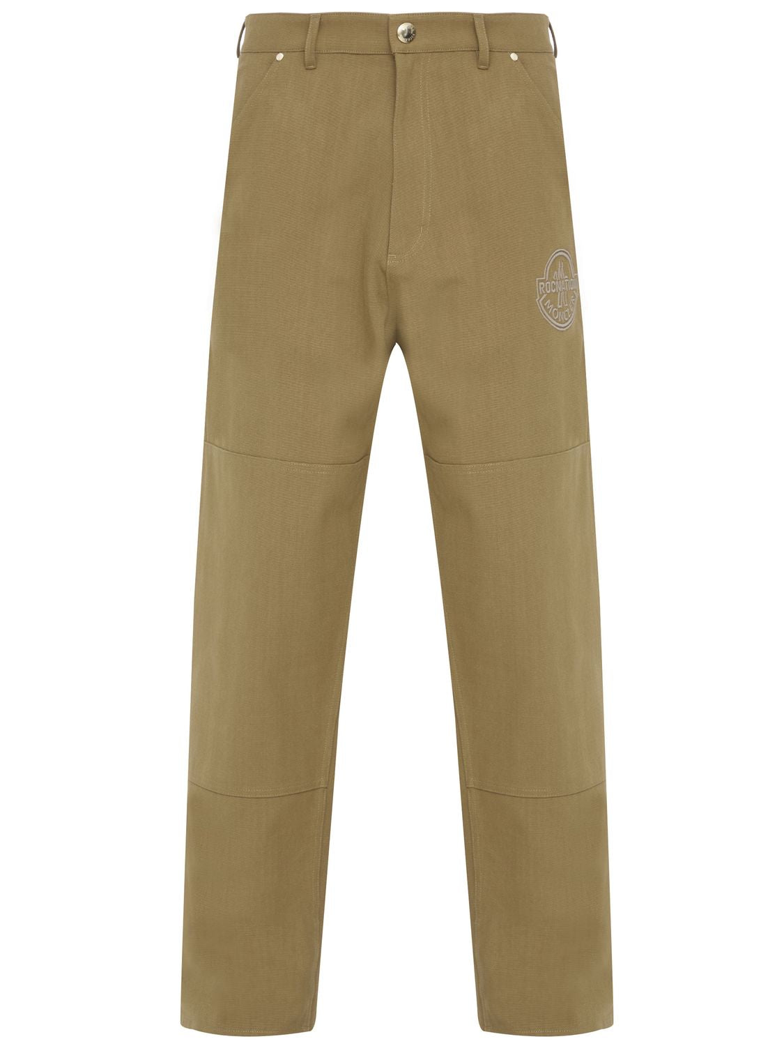 MONCLER X ROC NATION BY JAY Z Men's Beige Cotton Canvas Trousers with Embroidered Logo and Multiple Pockets