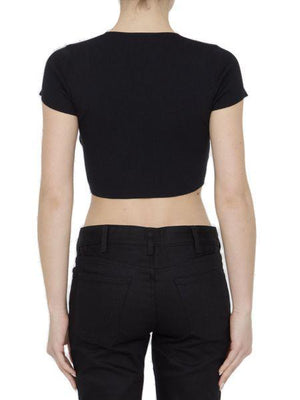 CELINE Black Cut-Out Short-Sleeved Crop Top for Women in US Size