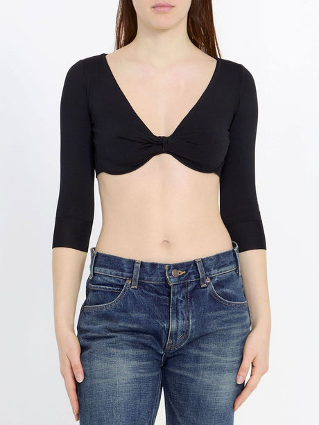 黑色silk blend斜垂設計短上衣 | 深V領與3/4袖 | 美國女性尺寸