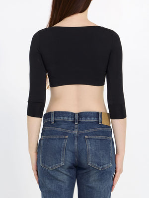 CELINE Black Draped Three-Quarter Sleeve Crop Top in Stretch Silk Blend for Women