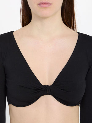 CELINE Black Draped Three-Quarter Sleeve Crop Top in Stretch Silk Blend for Women