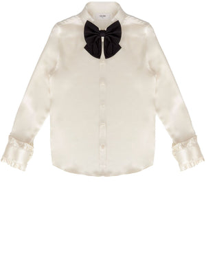 CELINE Silk Blouse with Decorative Bow and Ruffled Cuffs