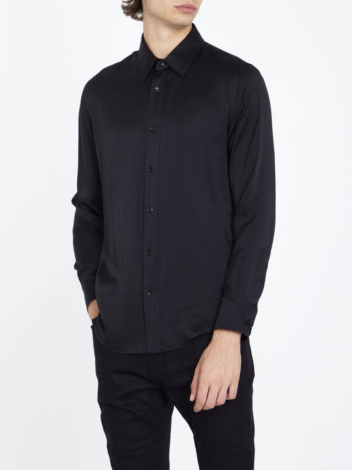 男士黑色絲質波點長袖襯衫 - FW23系列