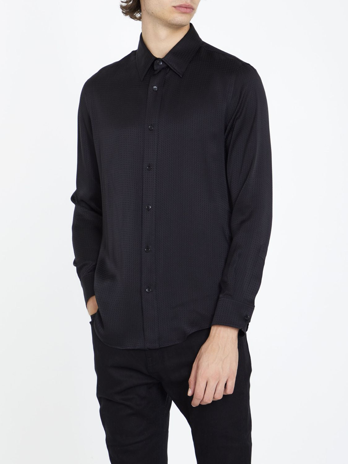 Men's Black Silk Polka-Dot Long-Sleeved Shirt - FW23 Collection