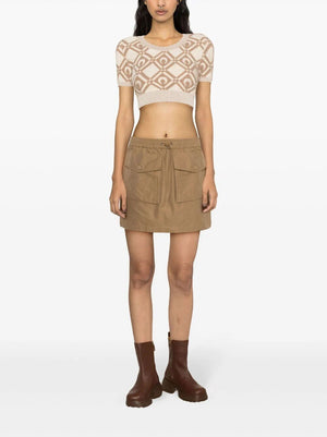 MONCLER Sand-Colored Cotton-Blend Taffeta Miniskirt with Elasticized Waistband and Patch Pockets