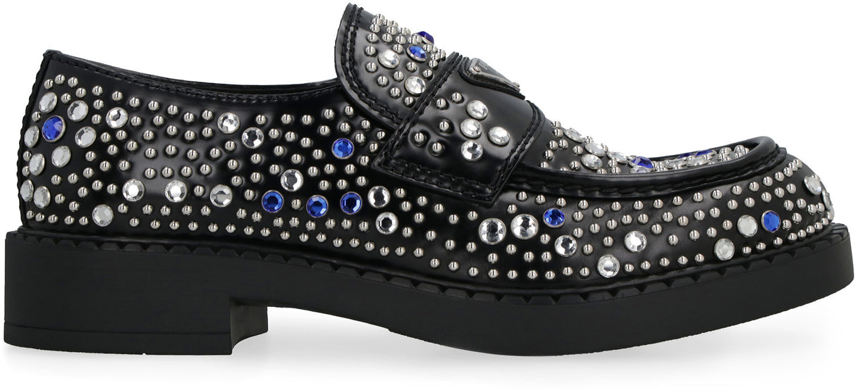 PRADA Black Leather Loafers with Rhinestone Embellishments for Men