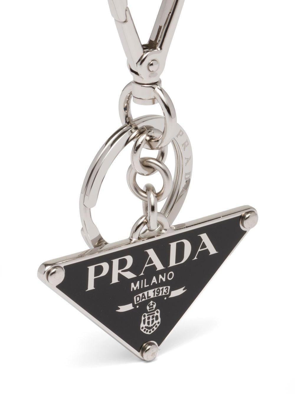 PRADA Black Enamel Triangle Logo Plaque Keyring for Men