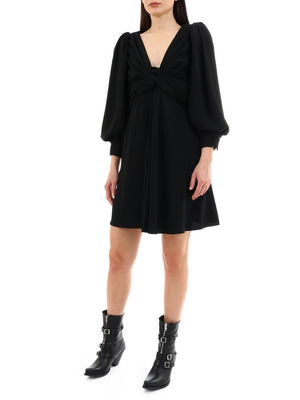 Stylish Black Wrap Dress with V-Neck and Long Sleeves for Women