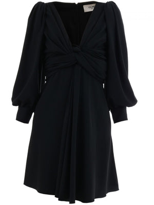 Stylish Black Wrap Dress with V-Neck and Long Sleeves for Women