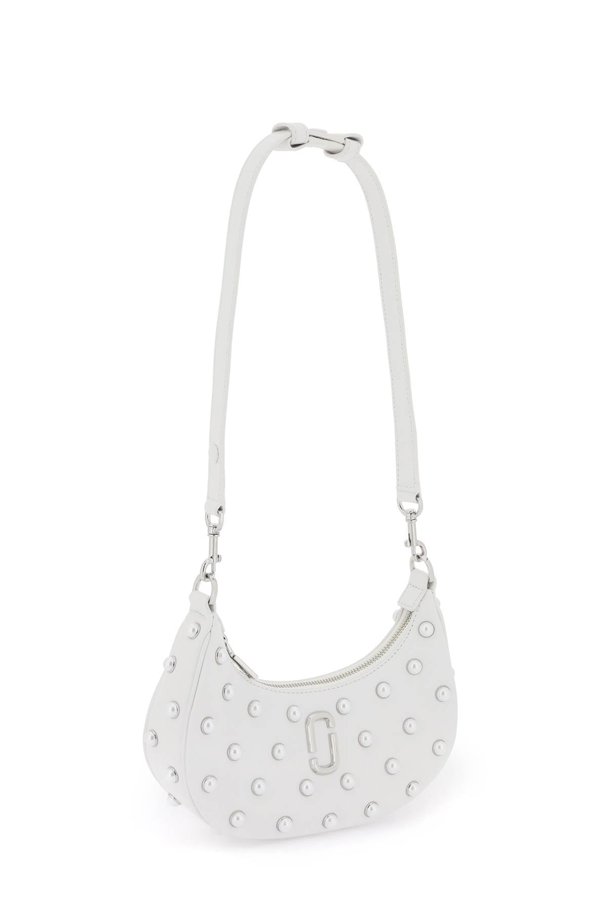 MARC JACOBS Pearl-Embellished White Leather Mini Curve Shoulder Bag with Iconic Silver J Charm