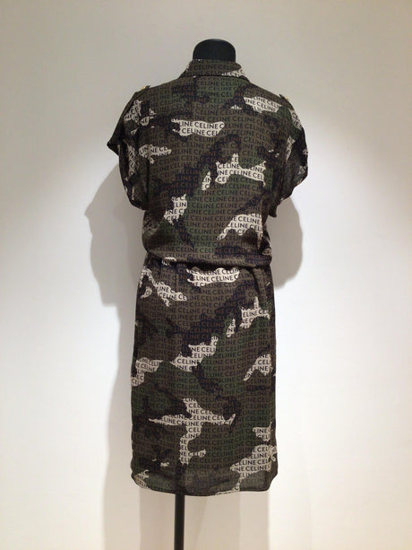 CELINE Green Camouflage Print Silk Shirtdress for Women