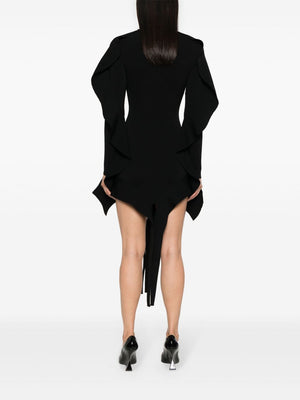 MUGLER Asymmetric Mini Dress with Ruffled Detailing and Sash in Black