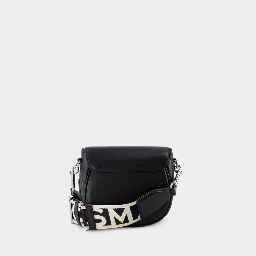 MARC JACOBS Luxury Black Leather Mini Saddle Crossbody Handbag with Magnetic Closure and Organizational Pocket