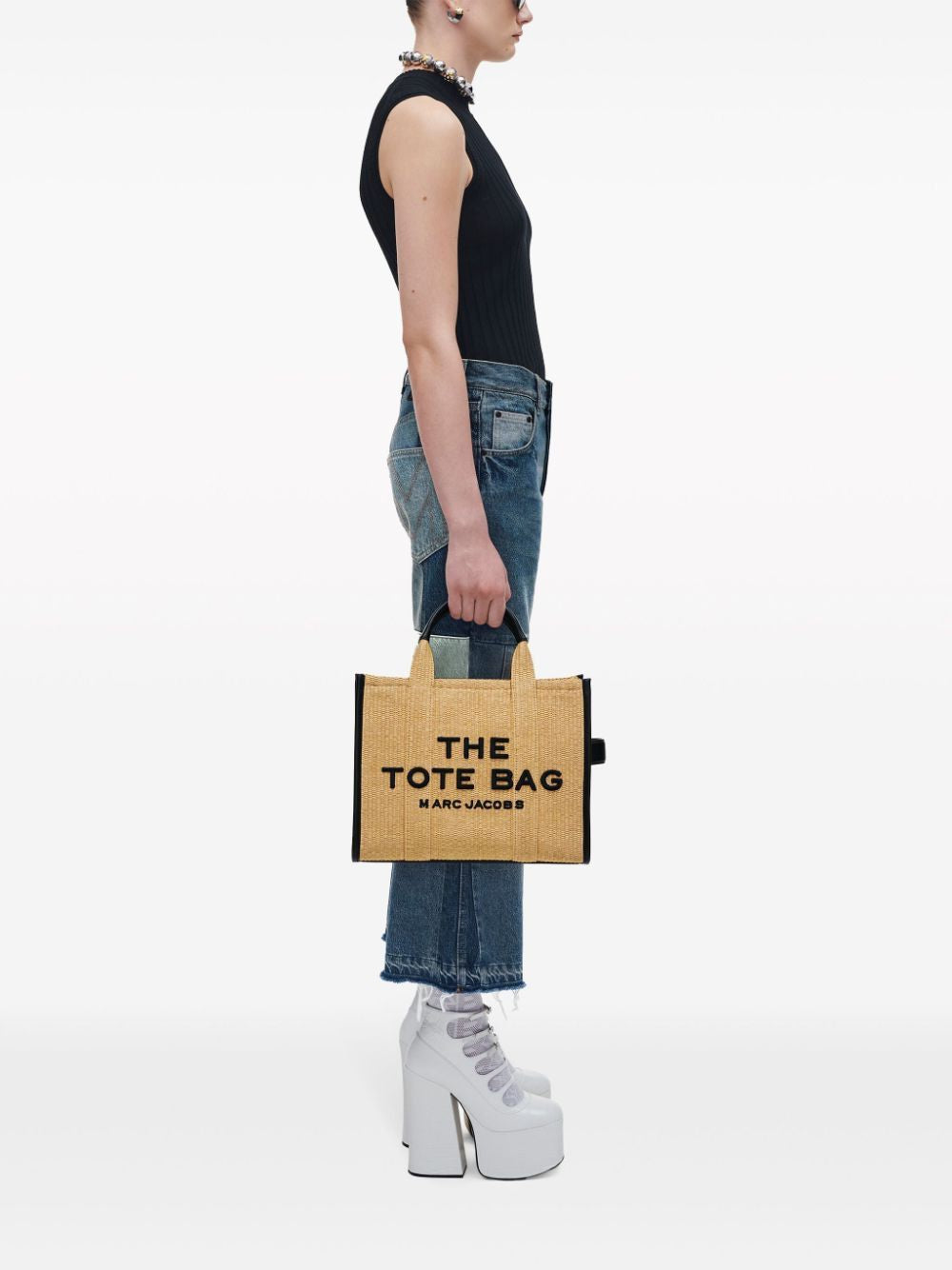 MARC JACOBS Medium Beige Raffia Logo Tote Handbag for Women