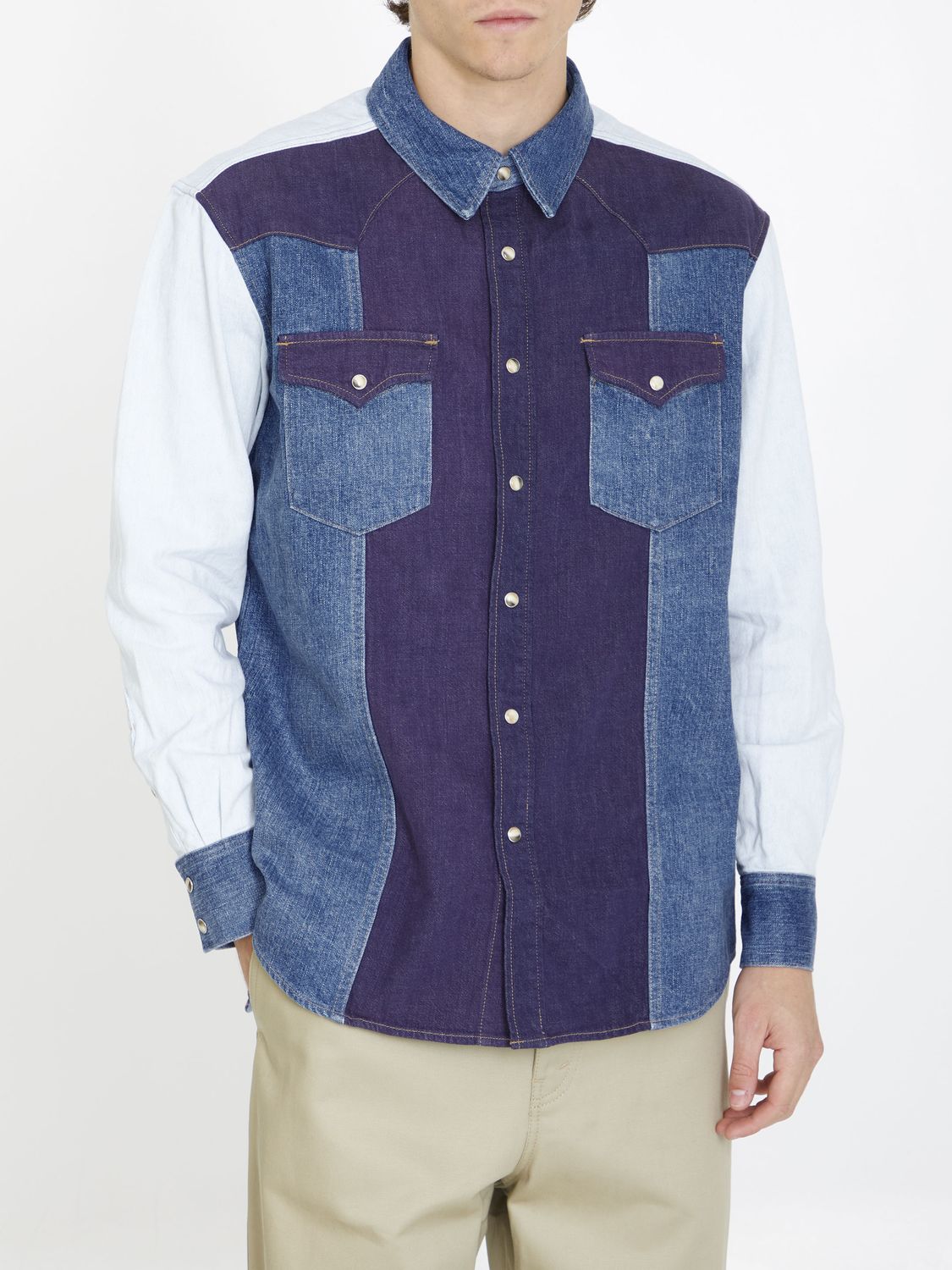 CELINE Blue Patchwork Denim Shirt for Men - Regular Fit