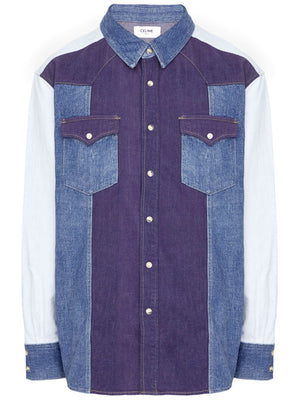 CELINE Blue Patchwork Denim Shirt for Men - Regular Fit