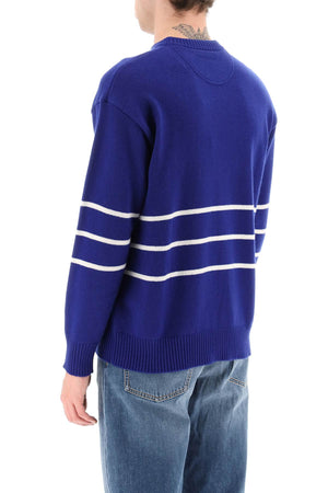 VALENTINO Blue Wool Pullover with Striped Detail and Logo