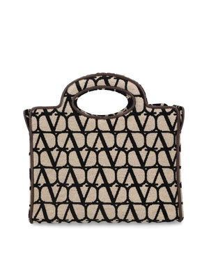 VALENTINO Mini Iconic Toile Print Tote Bag with Gold-Tone Accents and Removable Strap in Tan