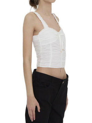 CELINE Off-White Gathered Crop Top in Cotton and Silk