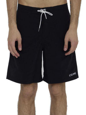 Black Nylon Swim Shorts with Celine Logo Print