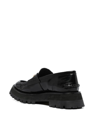 ALEXANDER WANG Chunky Rubber Lug-Sole Black Box Loafers for Women with Gold-Tone Logo Lettering