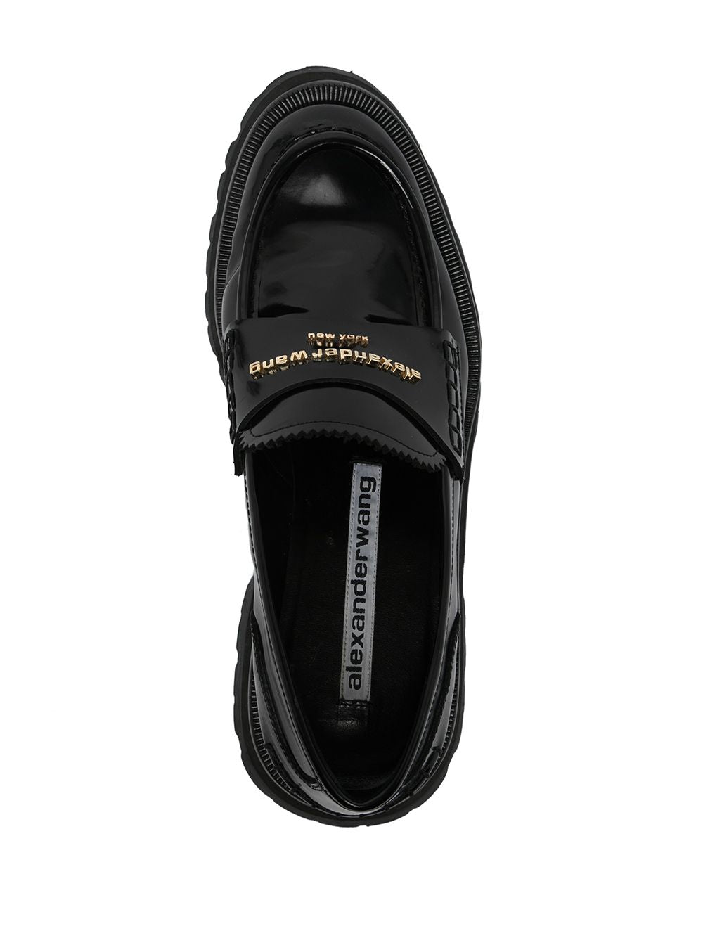 ALEXANDER WANG Chunky Rubber Lug-Sole Black Box Loafers for Women with Gold-Tone Logo Lettering