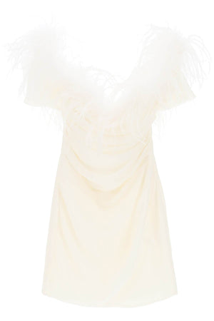 فستان قصير بأكتاف عارية وريش النعام الأصلي للنساء باللون الأبيض - مجموعة SS23