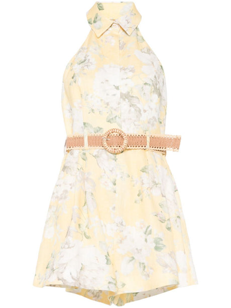 ZIMMERMANN Mini Yellow Printed Linen Playsuit with Detachable Belt