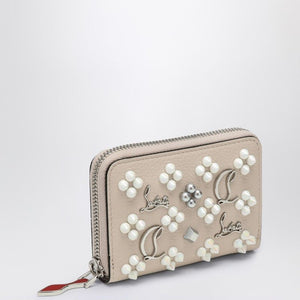 CHRISTIAN LOUBOUTIN Spiked Mini Coin Purse in Beige Grained Calfskin