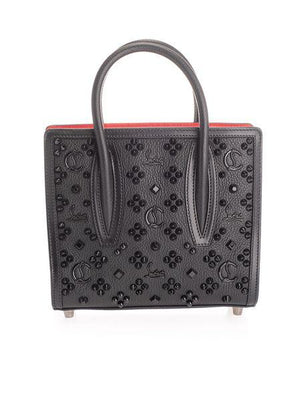 CHRISTIAN LOUBOUTIN Paloma Mini Black Grained Calfskin Handbag with Red Lining and Stud Accents, 8.5x7x3.5 Inches