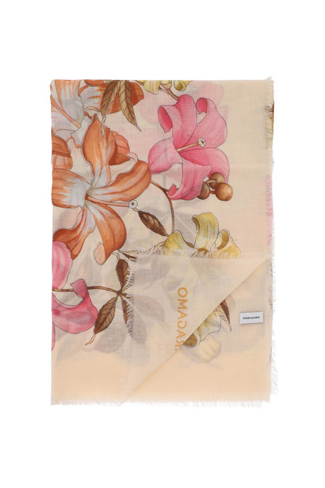 FERRAGAMO Elegant Tan Cashmere Stole with Hibiscus Print