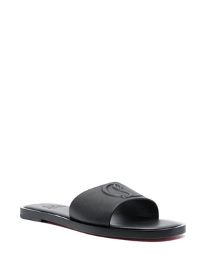 CHRISTIAN LOUBOUTIN Black Leather Open Toe Slip-On Sandals for Women with Embossed Logo and Cushioned Insole