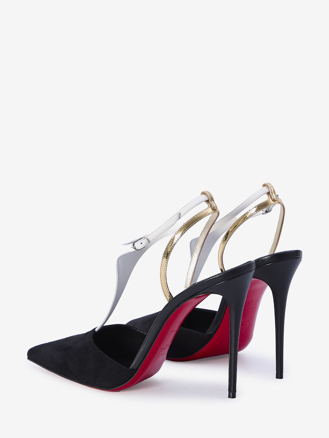 CHRISTIAN LOUBOUTIN Elegant Athina Black Suede Pumps with Strappy Gold and White Accents, 10cm Heel