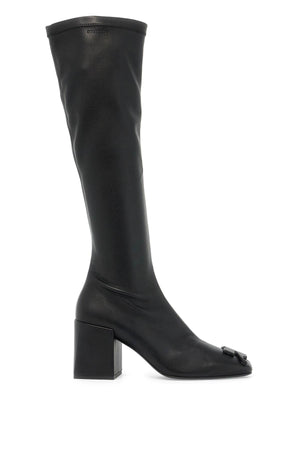 COURREGÈS Chic Stretch Faux Leather Boots with Monogram Detail